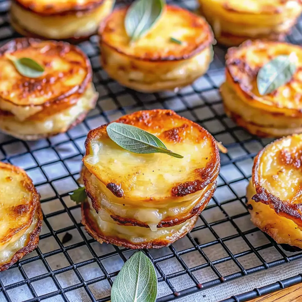 Mini Potato Gratin stacks with crispy golden tops in a muffin tin