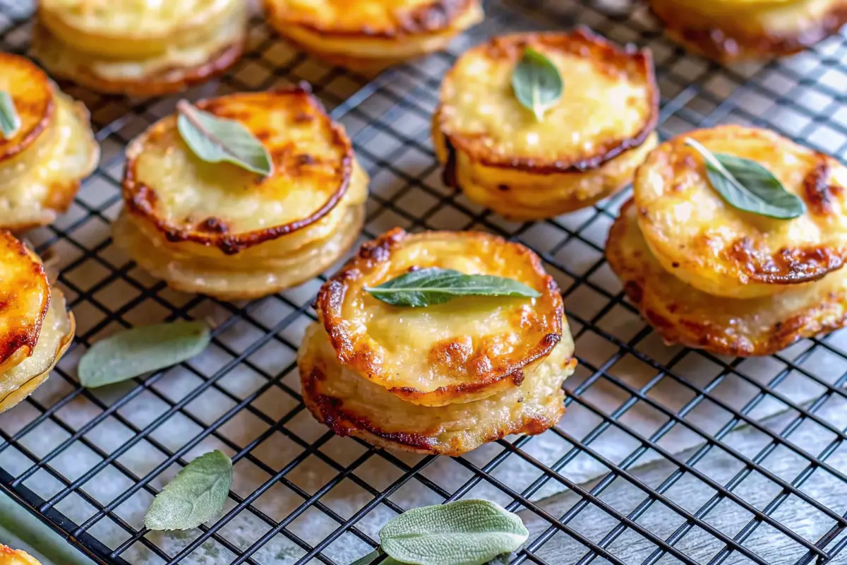 Mini Potato Gratin stacks with crispy golden tops in a muffin tin