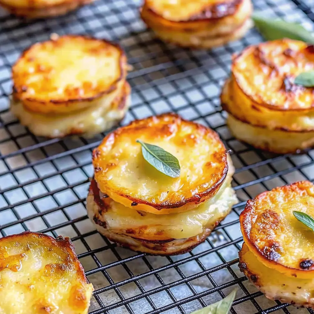 Mini Potato Gratin stacks with crispy golden tops in a muffin tin