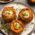 Mini sweet potato casserole stacks topped with pecan crumble on a serving platter