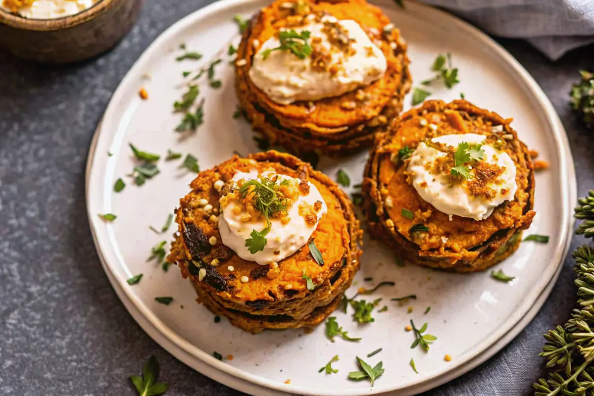 Mini sweet potato casserole stacks topped with pecan crumble on a serving platter