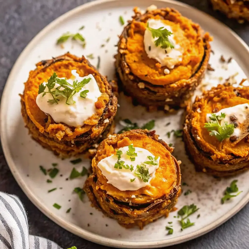 Mini sweet potato casserole stacks topped with pecan crumble on a serving platter