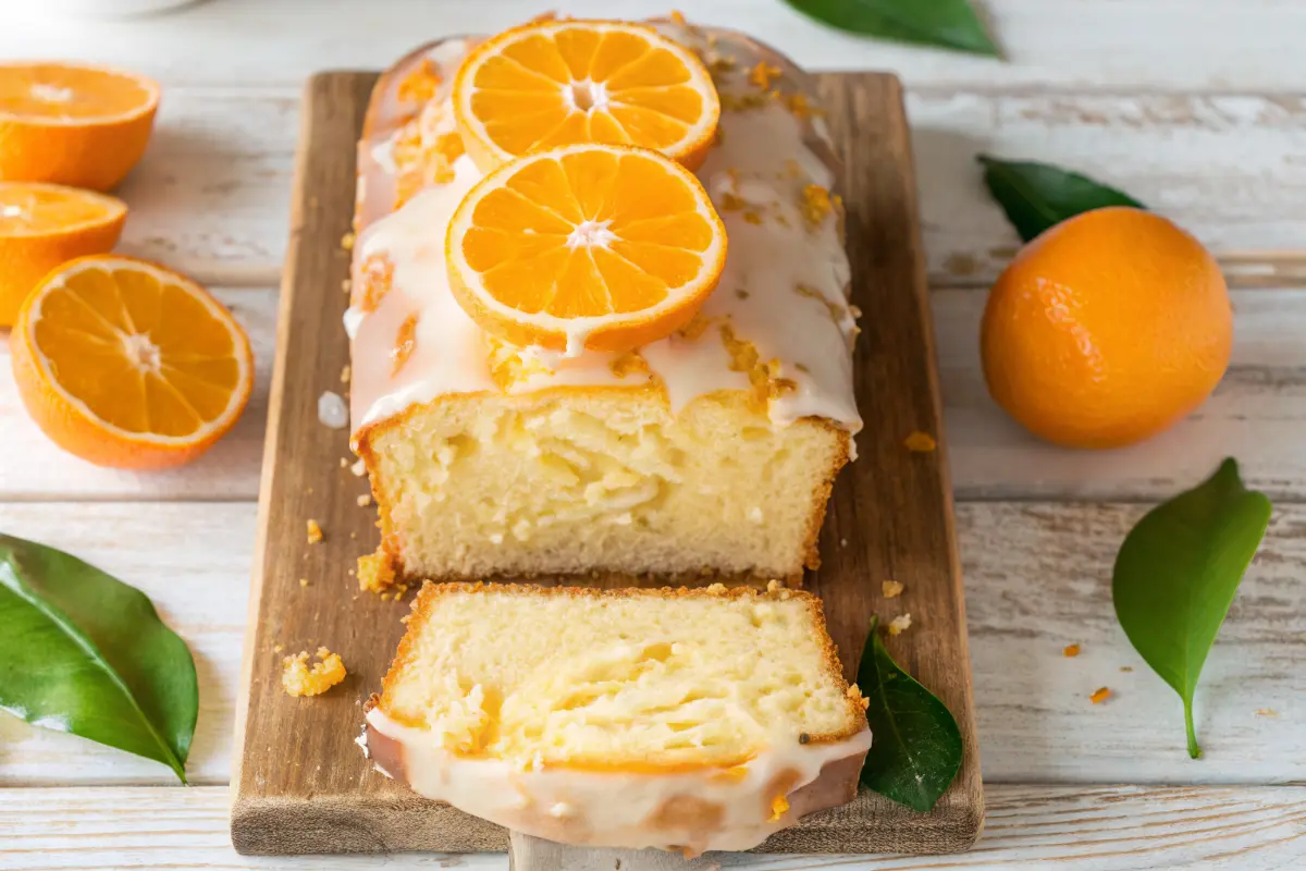 Orange Glazed Pound Cake with shiny drip glaze