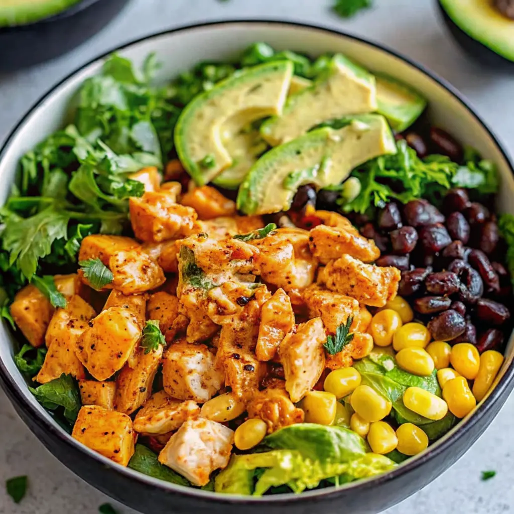 Power Southwest Chicken Salad with chicken, corn, avocado, and tortilla strips