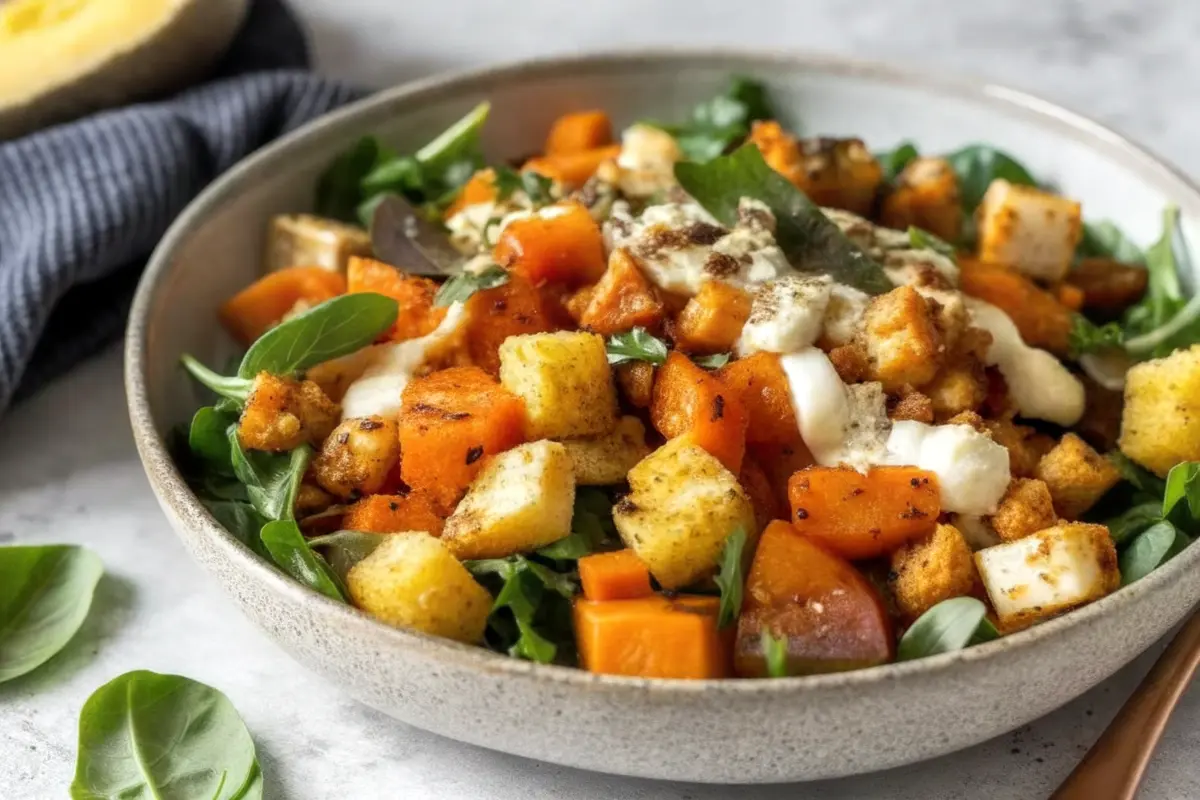 Protein Nourish Bowl with lemon-herb chicken, farro, roasted vegetables and tzatziki drizzle
