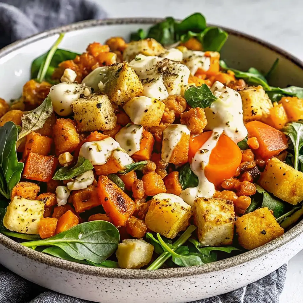 Protein Nourish Bowl with lemon-herb chicken, farro, roasted vegetables and tzatziki drizzle