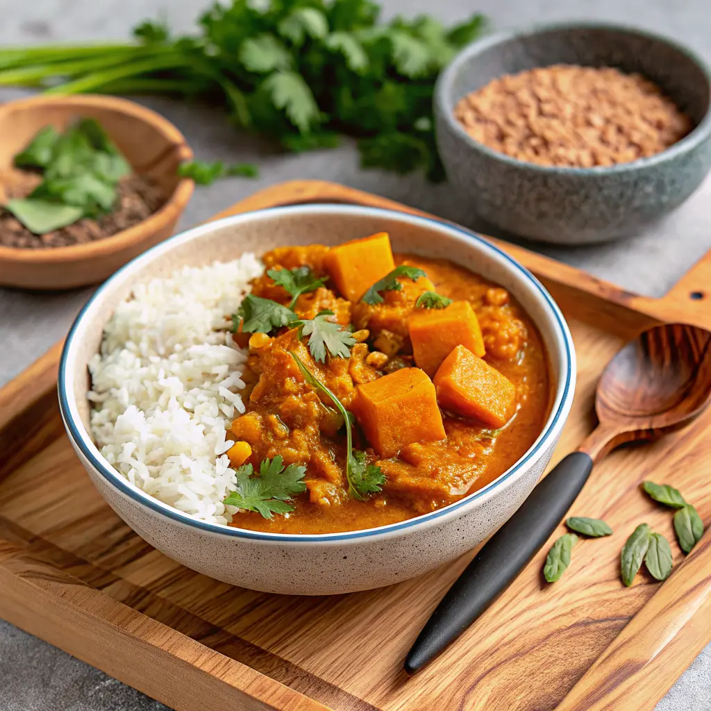 creamy pumpkin curry with jasmine rice in a bowl