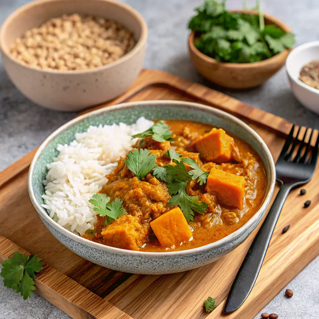 creamy pumpkin curry with jasmine rice in a bowl