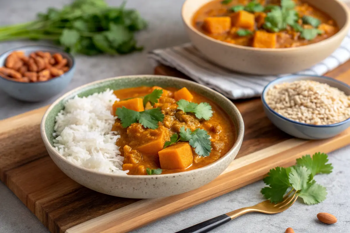 creamy pumpkin curry Recipe with jasmine rice in a bowl