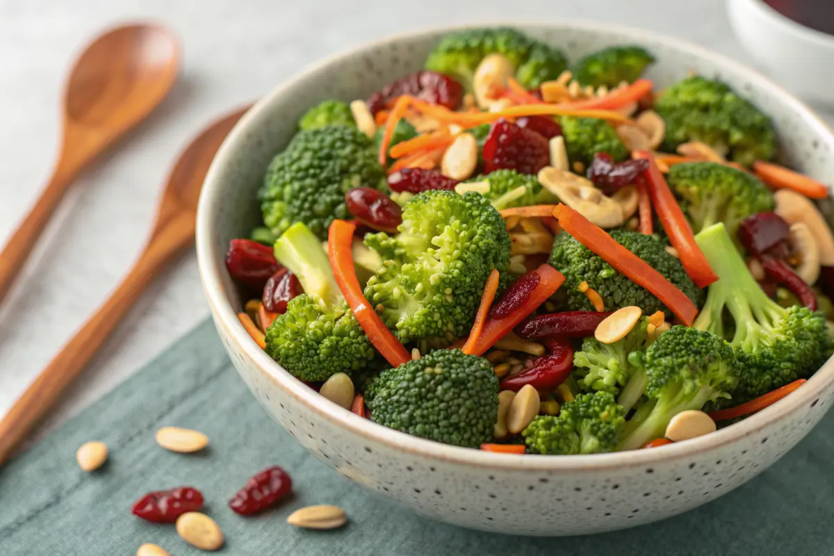Raw Vegan Broccoli Salad with seeds and cranberries in a bowl