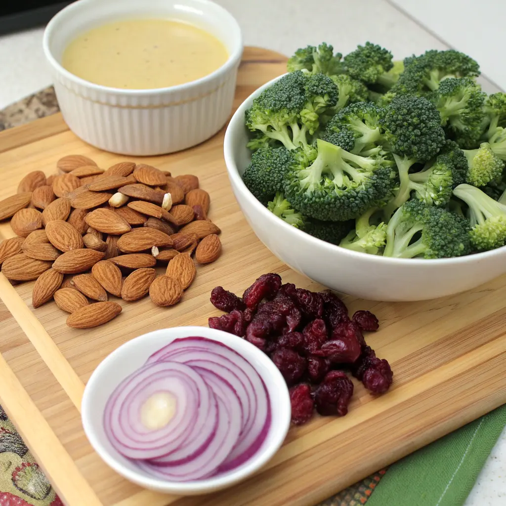 Raw Vegan Broccoli Salad with seeds and cranberries in a bowl