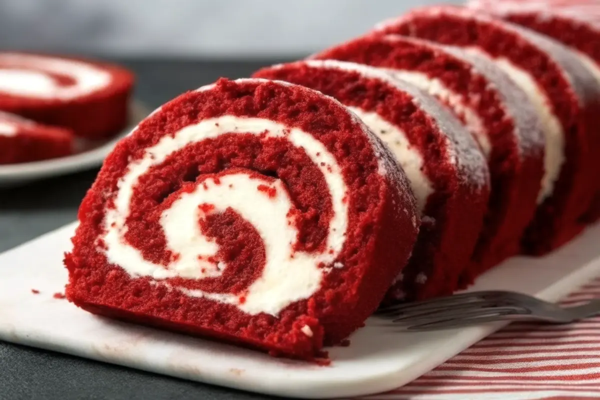 Red Velvet Cake Roll Recipe with cream cheese swirl