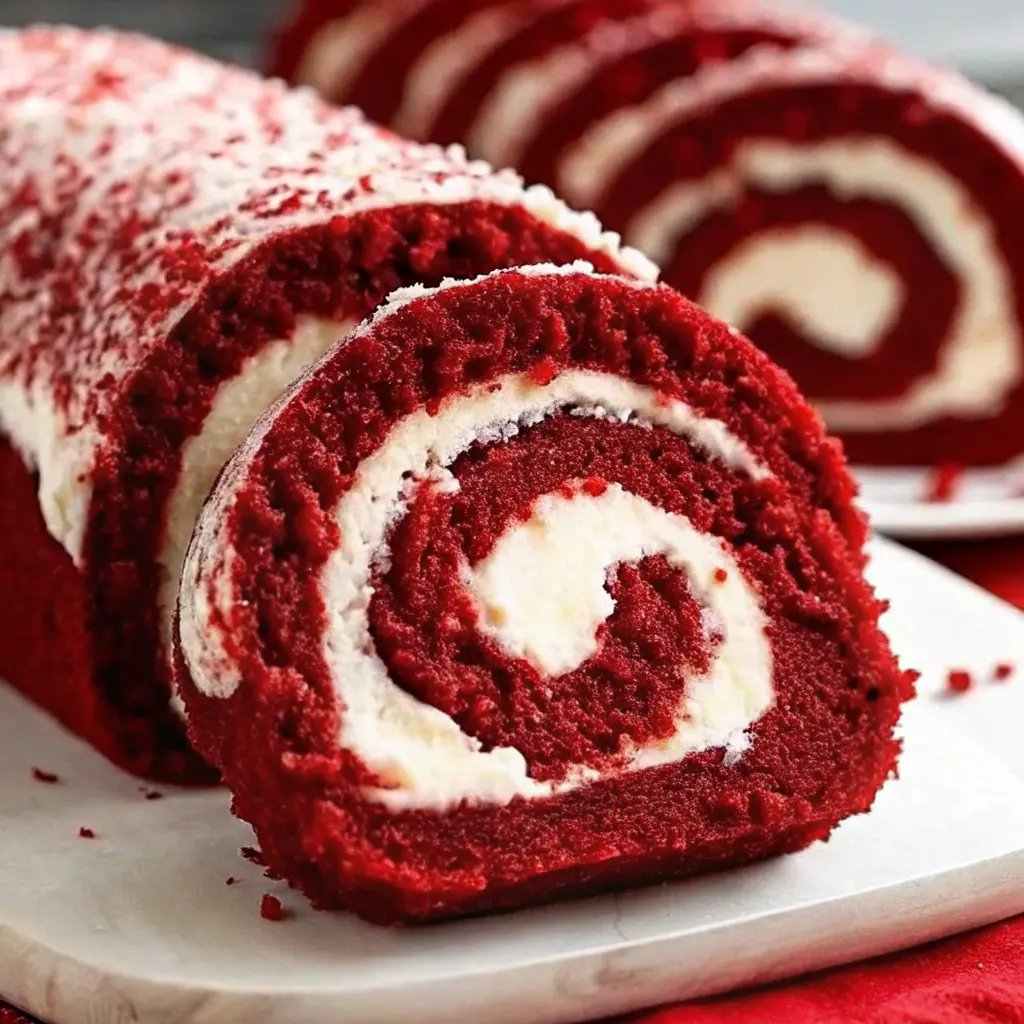 Red Velvet Cake Roll Recipe with cream cheese swirl