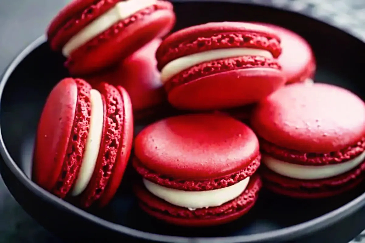 red velvet cream cheese macarons with white-chocolate drizzle