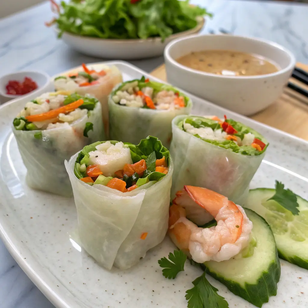 Crispy rice paper dumplings on a serving platter