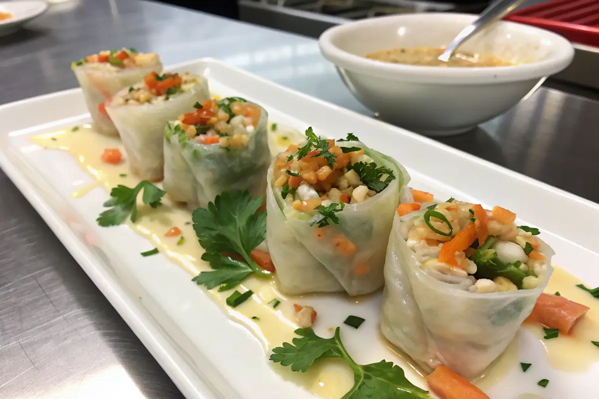Crispy rice paper dumplings on a serving platter