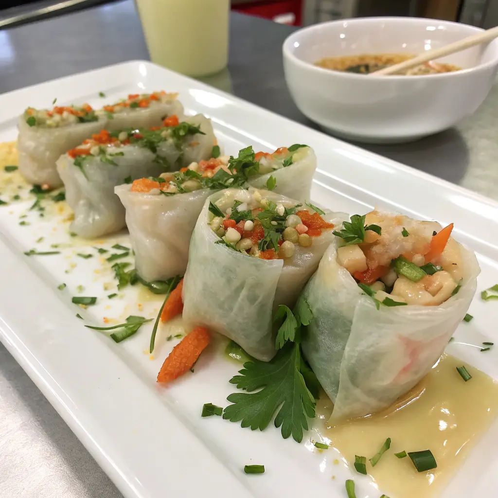 Crispy rice paper dumplings on a serving platter