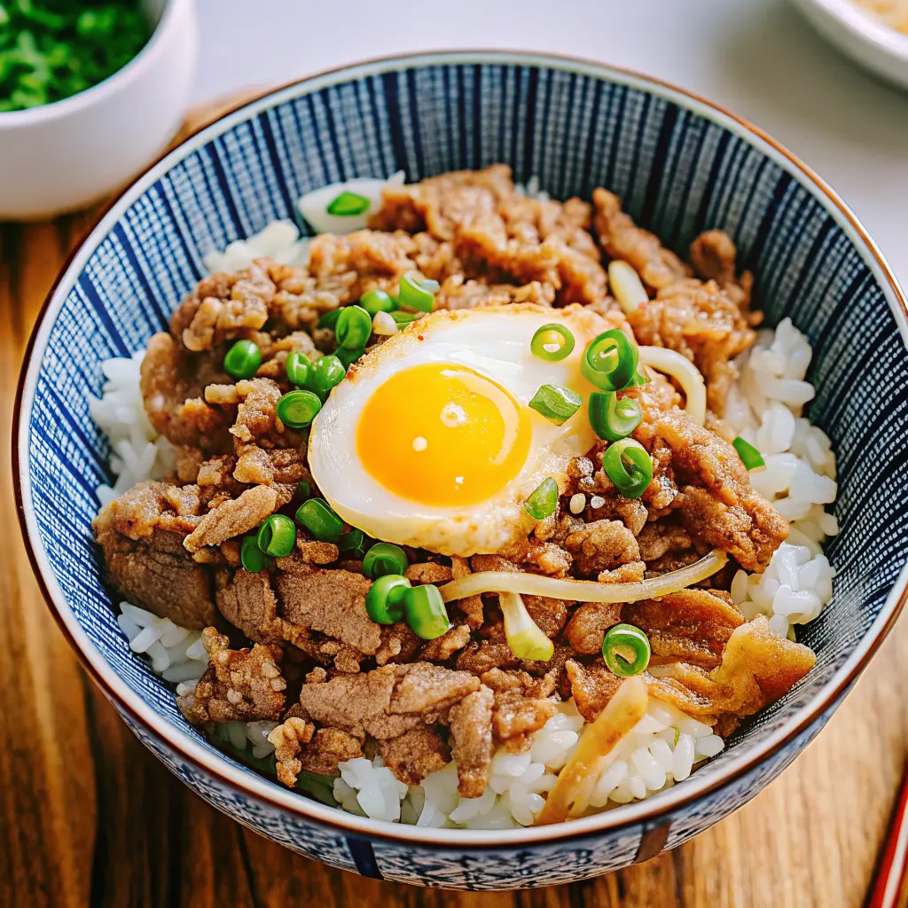 Savory Beef Rice Bowl with glossy umami beef over steamed rice