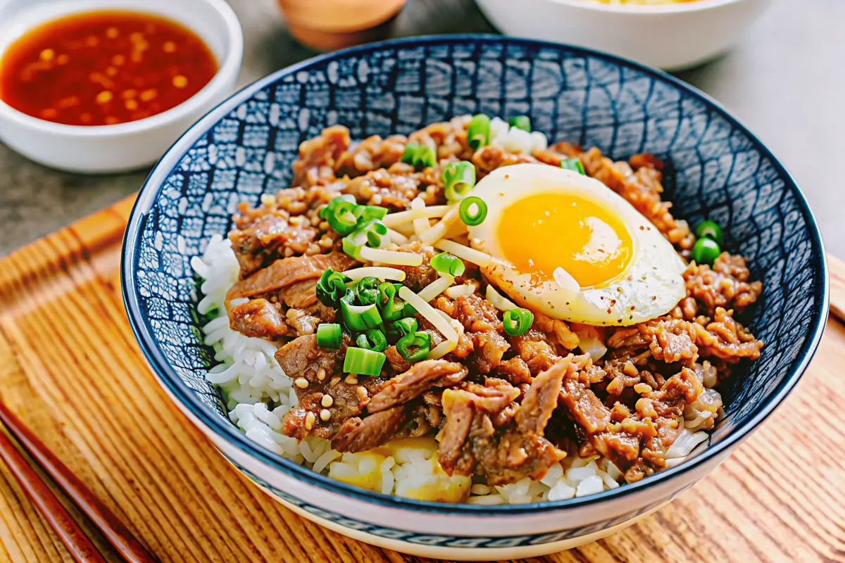 Savory Beef Rice Bowl with glossy umami beef over steamed rice