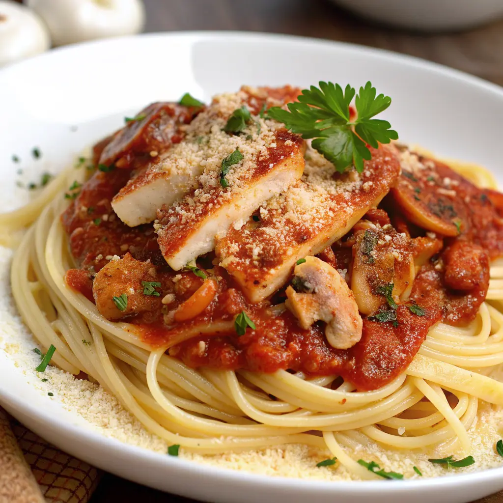 Skillet of spicy garlic chicken pasta with chili flakes and parsley