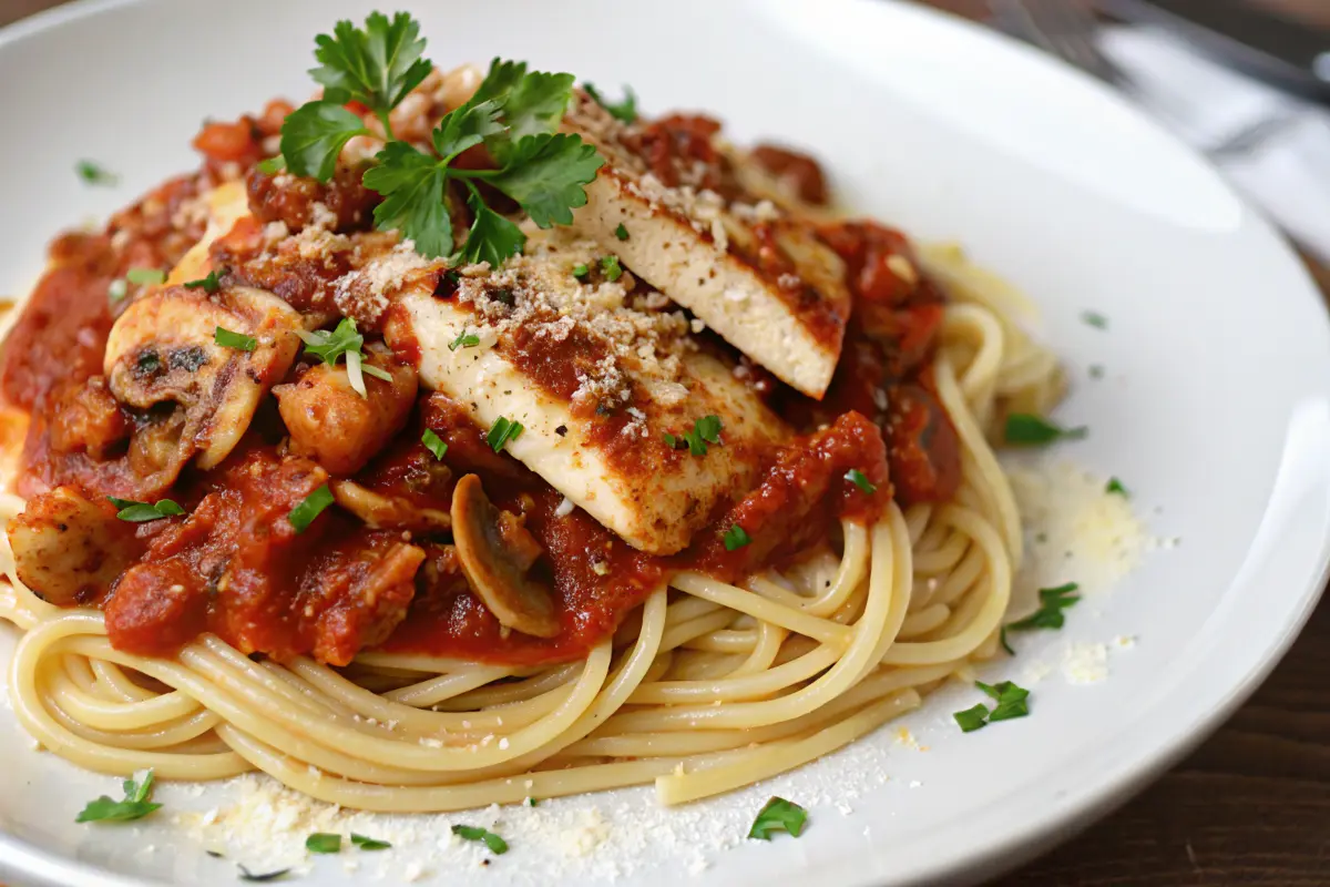 Skillet of spicy garlic chicken pasta with chili flakes and parsley