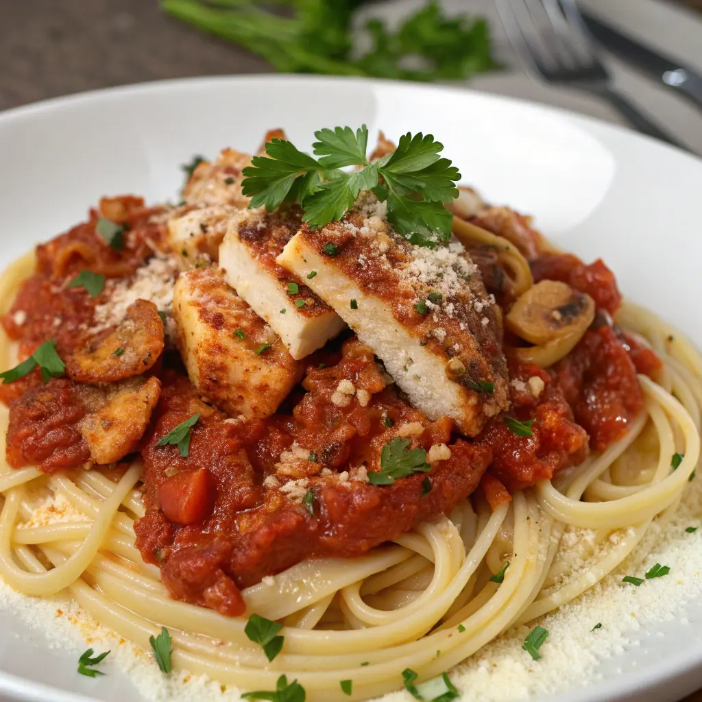 Skillet of spicy garlic chicken pasta with chili flakes and parsley