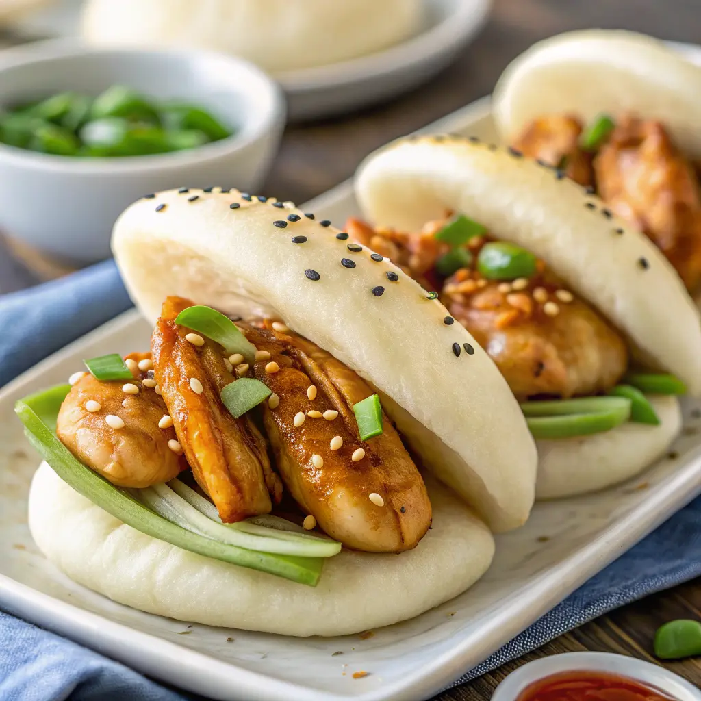Spicy Korean chicken buns with glossy gochujang glaze in steamed bao