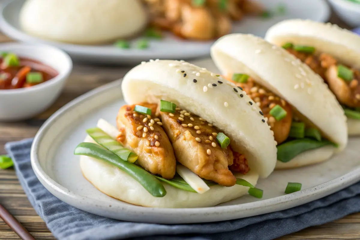 Spicy Korean chicken buns with glossy gochujang glaze in steamed bao