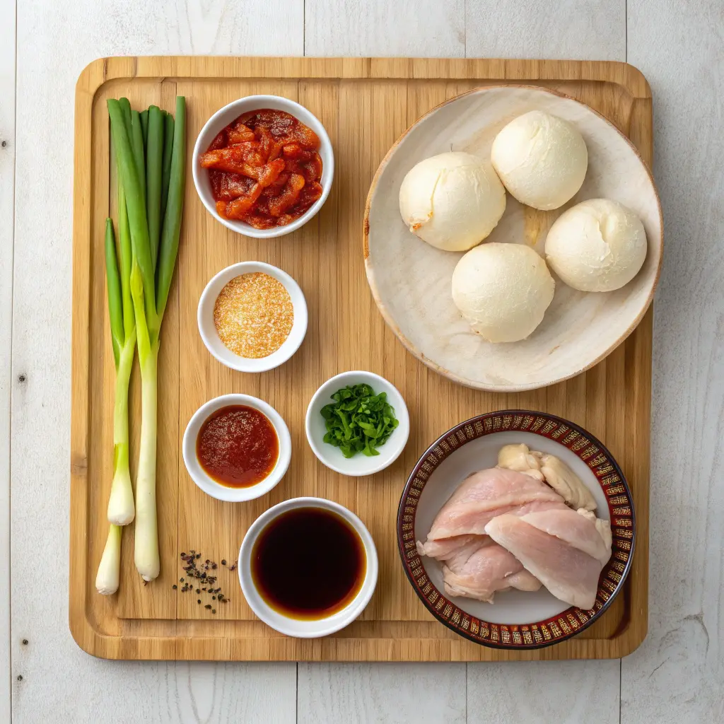 Spicy Korean chicken buns with glossy gochujang glaze in steamed bao