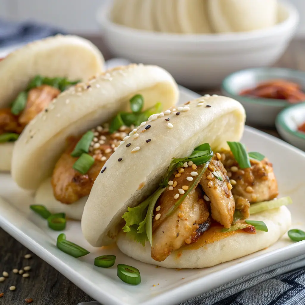 Spicy Korean chicken buns with glossy gochujang glaze in steamed bao