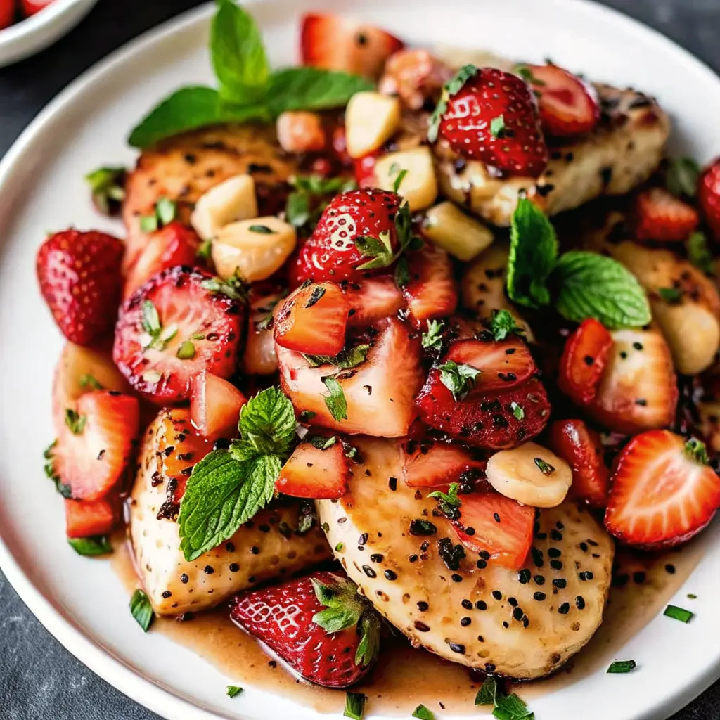 Chicken with strawberry basil sauce on a plate