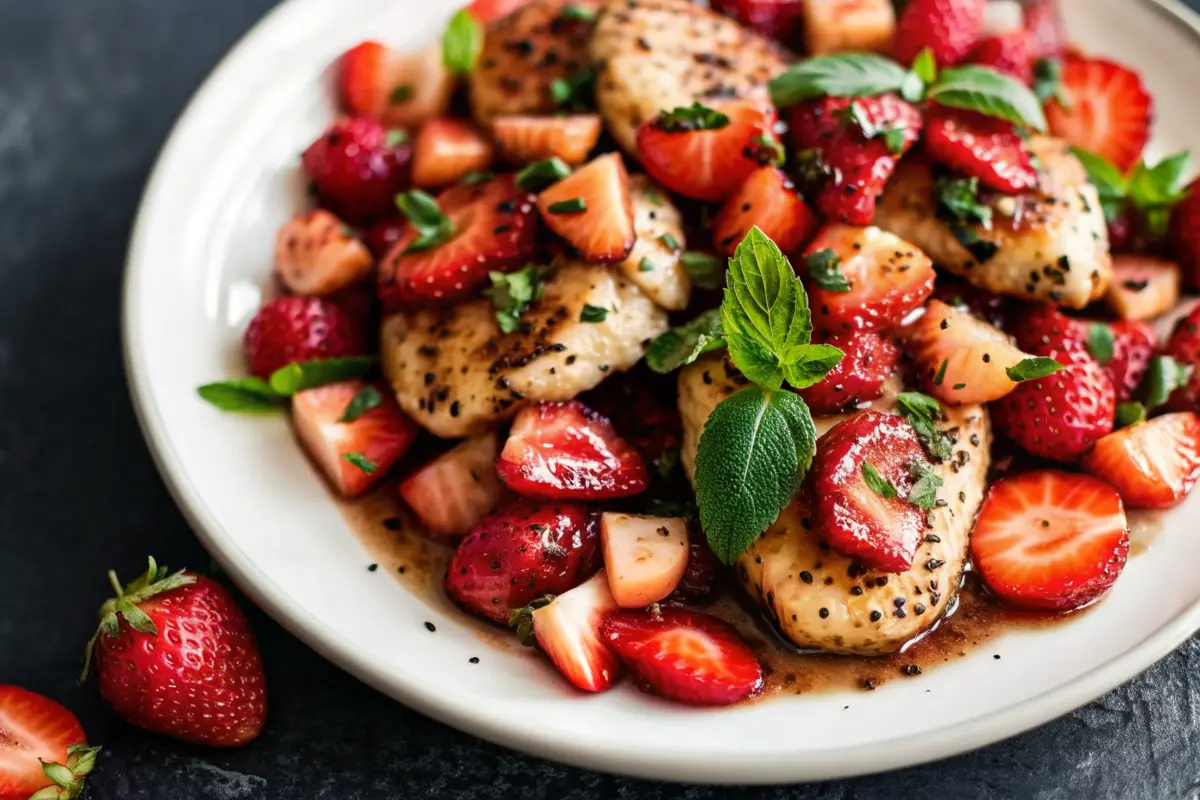 Chicken with strawberry basil sauce on a plate