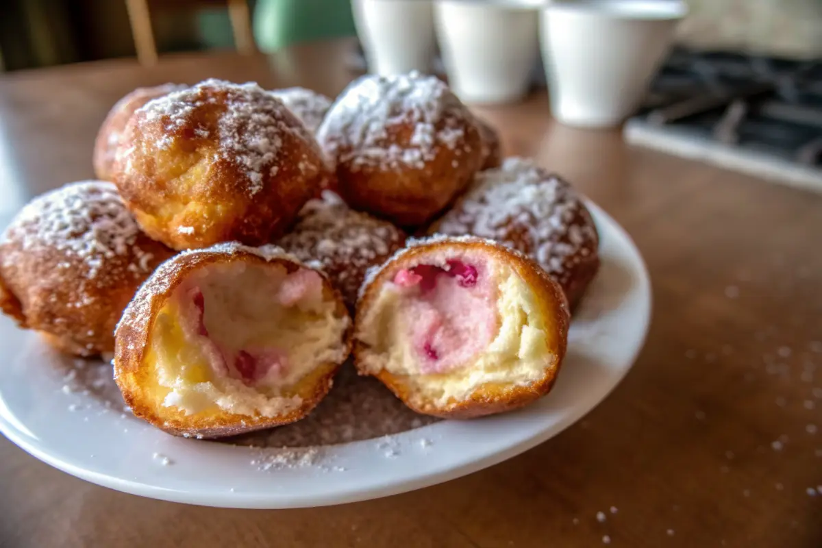 Strawberry Cheesecake Stuffed Donut Holes with strawberry swirl