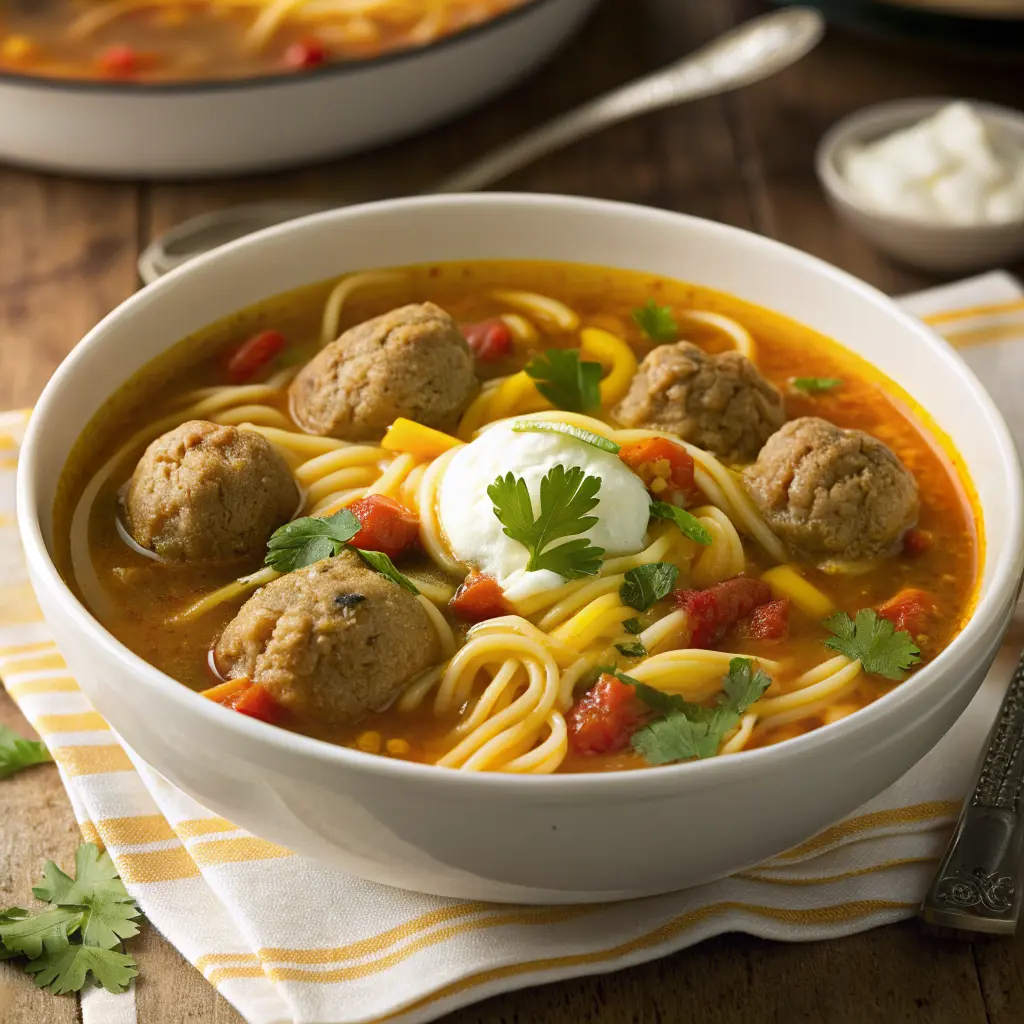 Bowl of albondigas Mexican meatball soup with rice and vegetables