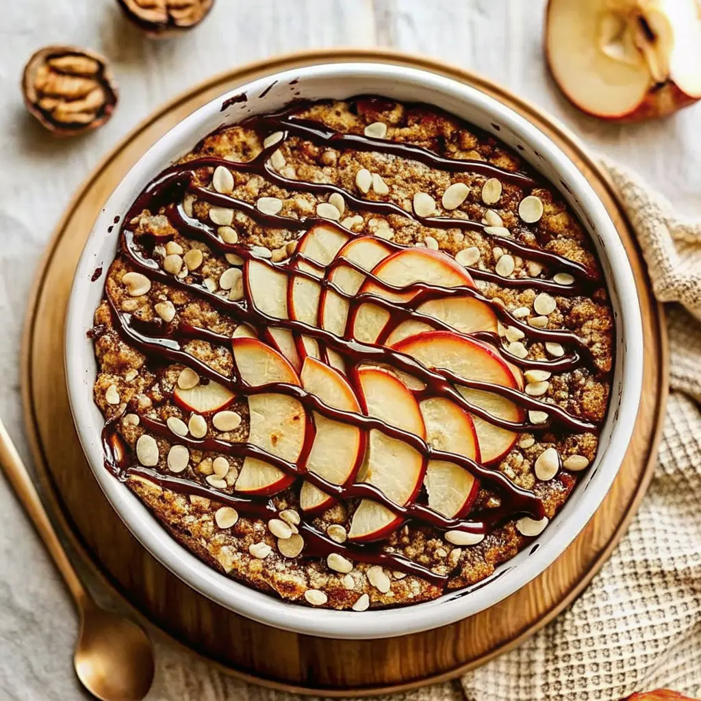 Apple Chocolate Baked Oatmeal in a pan with apple chunks and melted chocolate chips