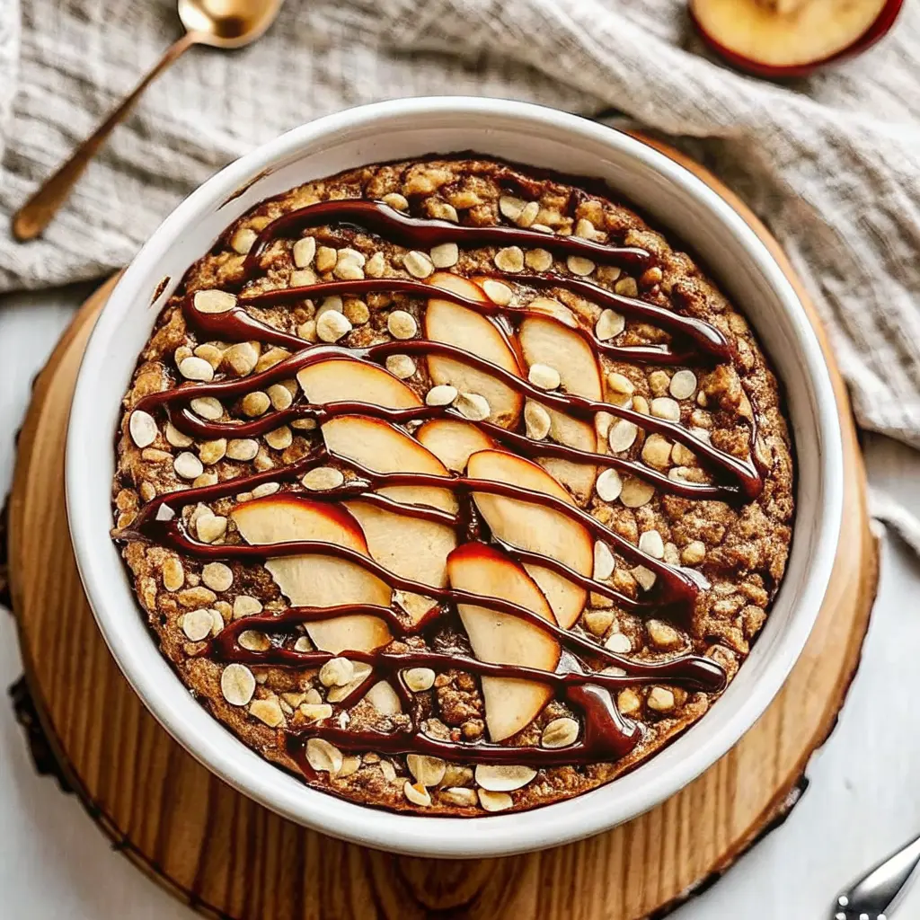 Apple Chocolate Baked Oatmeal in a pan with apple chunks and melted chocolate chips