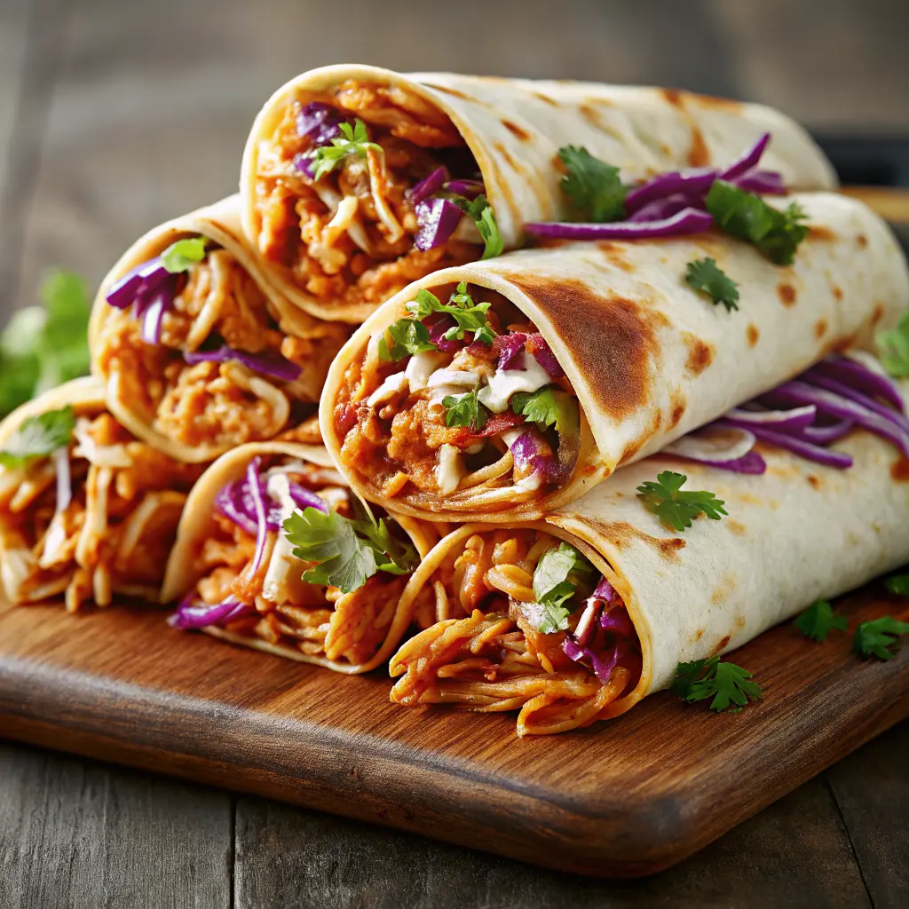 BBQ Chicken Coleslaw Wraps Recipe, cut in half on a serving board