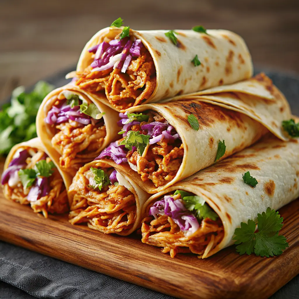 BBQ Chicken Coleslaw Wraps Recipe, cut in half on a serving board