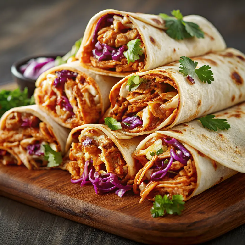 BBQ Chicken Coleslaw Wraps Recipe, cut in half on a serving board
