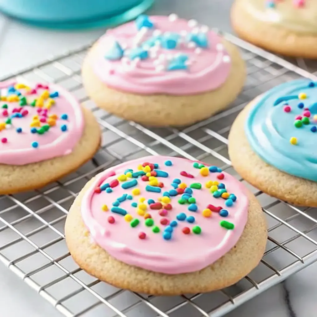 Soft batch frosted sugar cookies topped with colorful frosting and sprinkles.