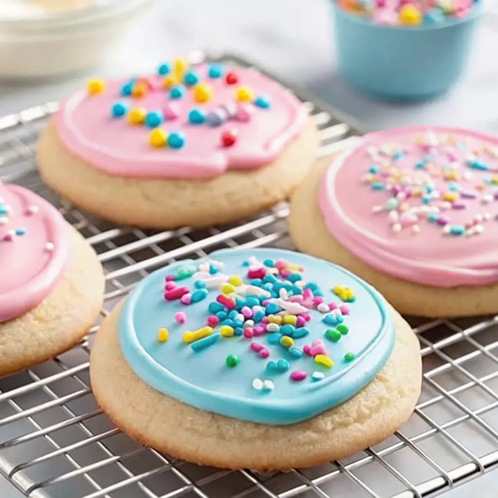Soft batch frosted sugar cookies topped with colorful frosting and sprinkles.