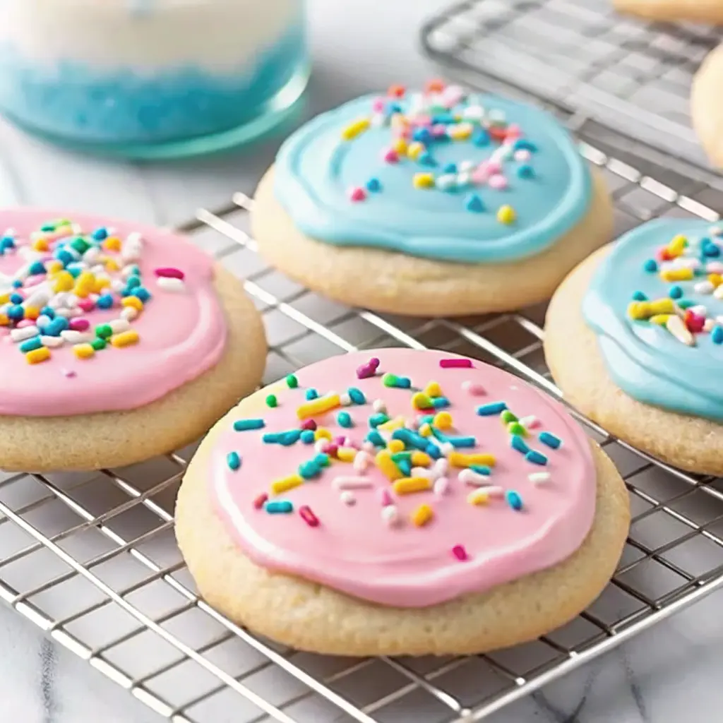 Soft batch frosted sugar cookies topped with colorful frosting and sprinkles.