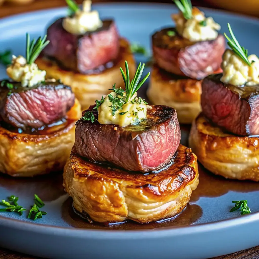 Golden Beef Wellington Bites on a serving platter