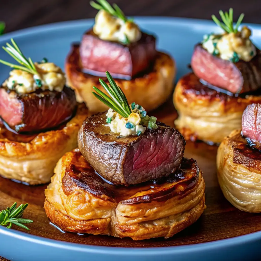 Golden Beef Wellington Bites on a serving platter