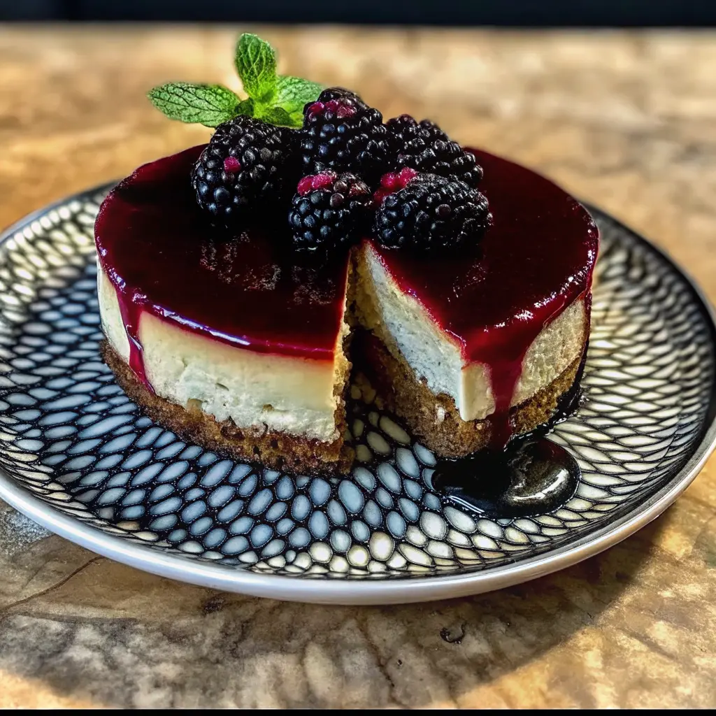 Cheesecake with blackberry sauce on a crumb crust, topped with glossy blackberries