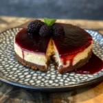 Cheesecake with blackberry sauce on a crumb crust, topped with glossy blackberries