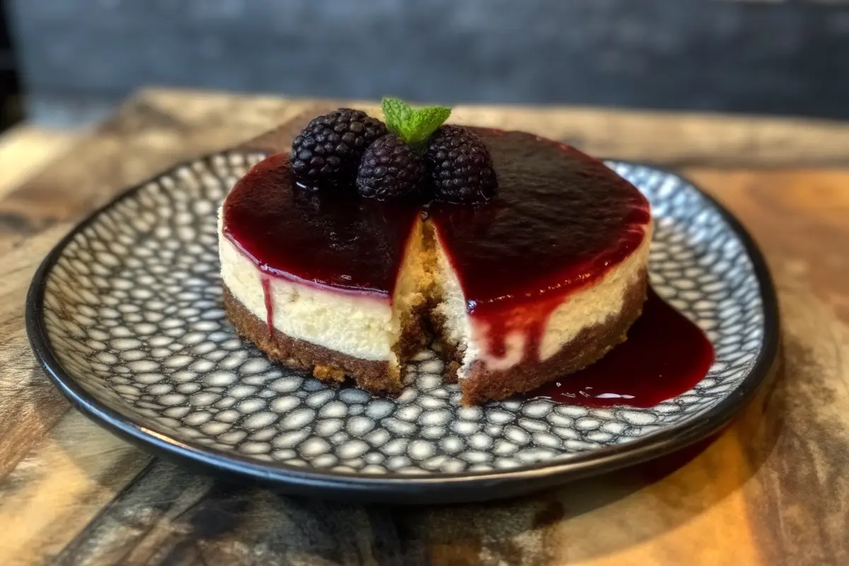Cheesecake with blackberry sauce on a crumb crust, topped with glossy blackberries