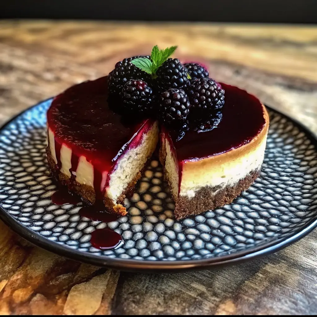 Cheesecake with blackberry sauce on a crumb crust, topped with glossy blackberries