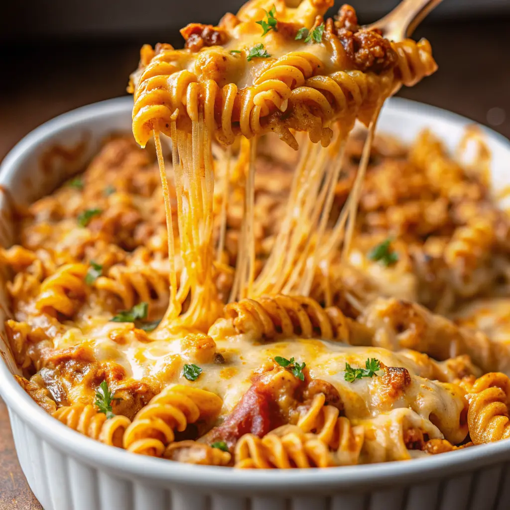 Cheesy Rotel Pasta Bake Recipe in a casserole dish, topped with melted golden cheese