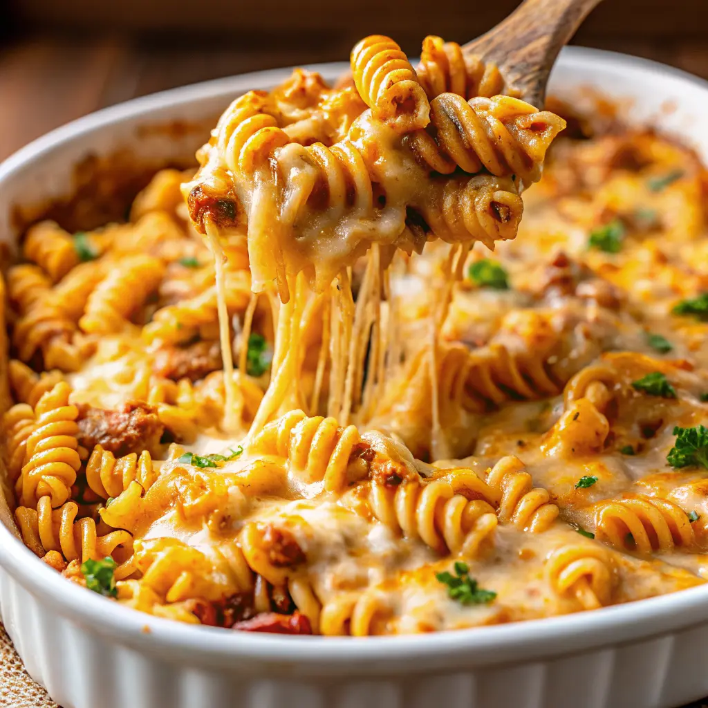 Cheesy Rotel Pasta Bake Recipe in a casserole dish, topped with melted golden cheese
